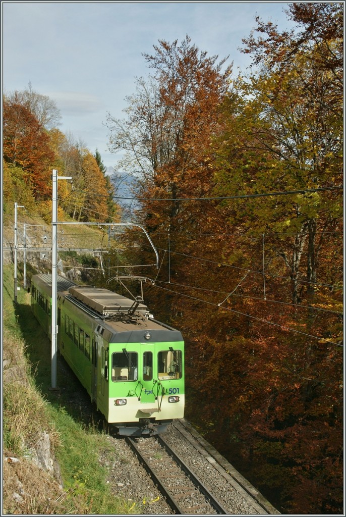 Der AOMC BDeh 4/4 501 von Champ�ry kommend, erreicht den ersten Zahnstangenabschnitt. 
25. Okt. 2013  