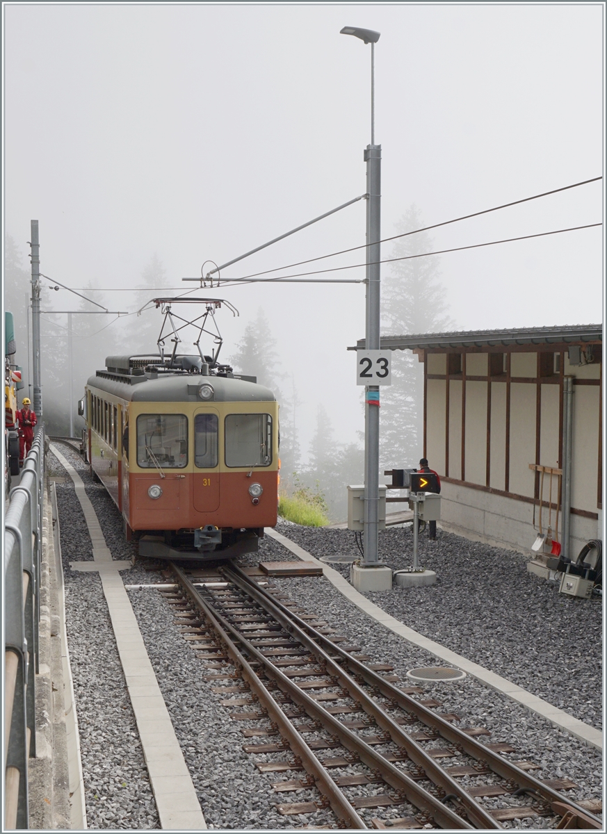 Der BLM Be 4/4 31  LISI  verlässt Mürren in Richtung Grütsachalp. 

23. Juli 2024