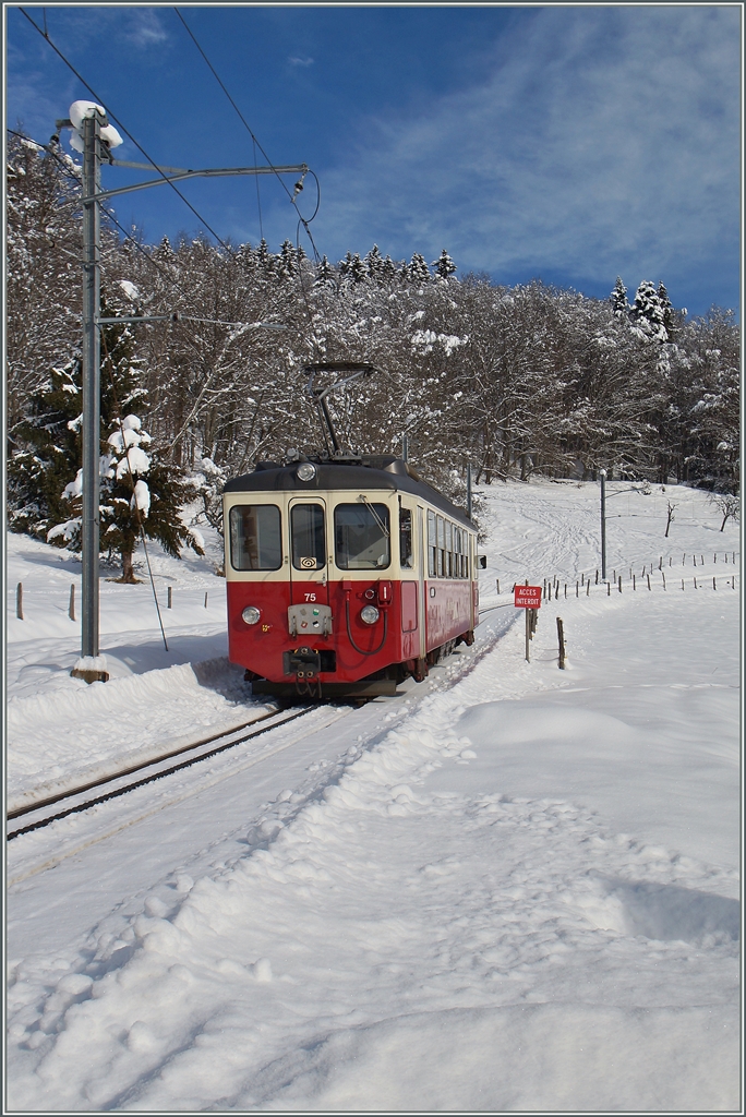 Der CEV BDeh 2/4 N� 75 auf Bergfahrt kurz nach Fayaux. 
21. Jan. 2015