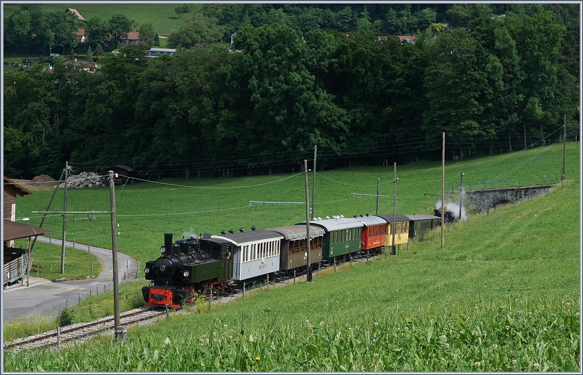 Der für die Vierfachbespannung vorgesehens Dampfzug auf dem Weg nach Blonay bei Cornaux.
(Das Bild täuscht, der Zug fährt von Links nach Rechts, es ist also ein  Nachschuss .
3. Juni 2017
