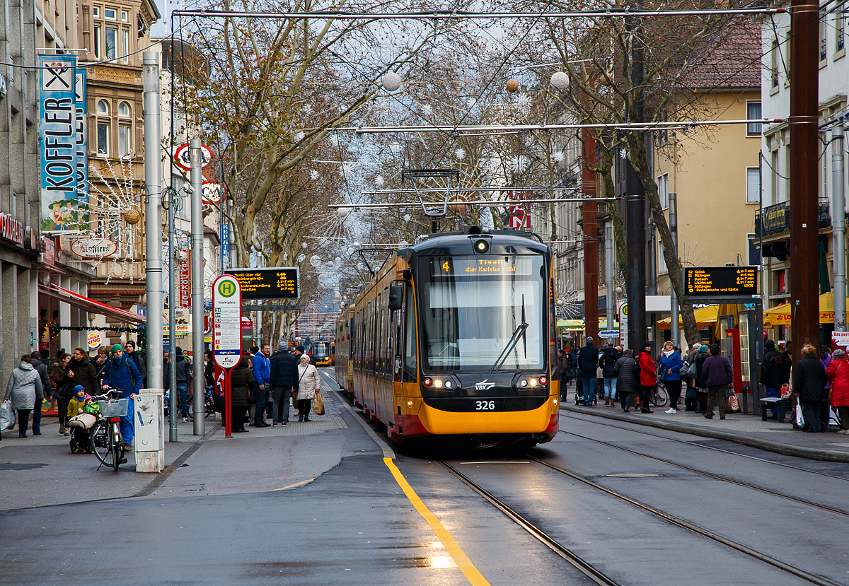 Der Gelenk-Triebwagen der Verkehrsbetriebe Karlsruhe VBK 326, ein Vossloh „Citylink NET 2012“ (NET=Niederflur Elektrotriebwagen) am 16.12.2017 in Karlsruhe, als Straßenbahn-Linie 4 nach Tivoli, an der Station Marktplatz.

Die Straßenbahn Karlsruhe ist neben der Stadtbahn das zweite schienengebundene öffentliche Personennahverkehrsmittel in Karlsruhe. Das von den Verkehrsbetrieben Karlsruhe (VBK) betriebene normalspurige Straßenbahnnetz erstreckt sich über eine Gesamtlänge von 71,5 Kilometern und wird teilweise auch von der Stadtbahn mitbenutzt. Die Straßenbahn ist Bestandteil des Karlsruher Verkehrsverbunds (KVV) und besteht aus sieben regulären sowie drei Sonderlinien.