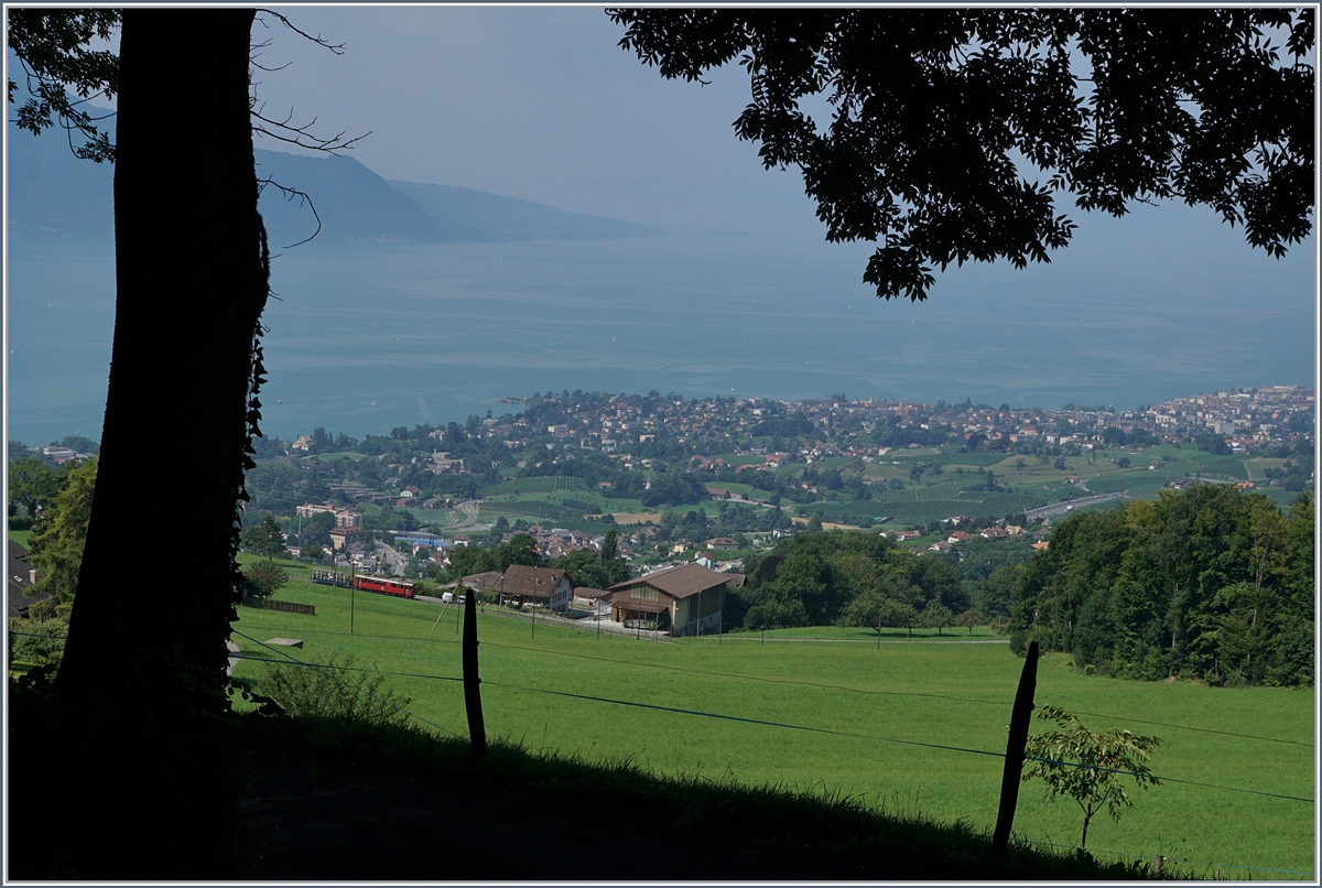 Der RhB Bernina Triewagen ABe 4/4 N° 35 auf der Fahrt von Chaulin nach Blonay.
1. Aug. 2017