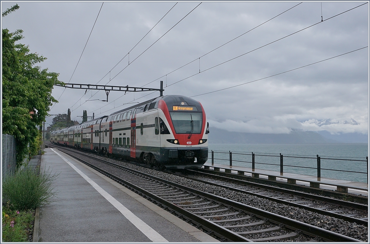 Der SBB RABe 511 026 auf dem Weg nach Genève bei St-Saphorin. Die tiefen Wolken vermitteln fast den Eindruck das die Bahn dem Meer entlang fährt. 
11. Mai 2020