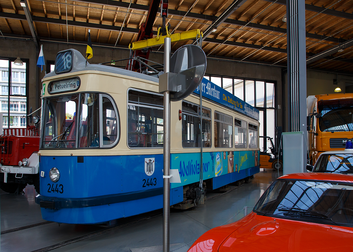 
Der Triebwagen 2443 (ex 919) vom Typ M 4.65 der Städtischen Straßenbahnen München (heute Münchner Verkehrsgesellschaft - MVG) (am 16.06.2018) ausgestellt im Verkehrszentrum des Deutschen Museums in München (Theresienhöhe).

Der Großraumwagen (ein Lenkdreiachser) wurde1957 von der Waggonbaufabrik Josef Rathgeber in München gebaut, 1971 erfolgte die Modernisierung und Umzeichnung.

Die Münchener Baureihe M:
1950 begann die Tram München die Modernisierung des Wagenparks mit modernen Großraumwagen. Im Gegensatz zu anderen Betrieben wählte man statt Vierachsern Lenkdreiachser. Die ersten vier Trieb- und zwei Beiwagen wurden 1950 als Versuchsserie (4 Stück)  M 1.62 von Rathgeber geliefert. Basierend auf den Erfahrungen mit den M 1, wurde 1952/53 die verbesserte Baureihe M 2.63 mit acht Trieb- und Beiwagen ausgeliefert. Die Fahrzeuge dieser Serie besaßen je drei Türen, nachdem es bei der Vorserie, die vier Türen hatte, zu Problemen kam. Der Ein- und Ausstieg folgte dem Prinzip des Fahrgastflusses. Der letztgebaute Triebwagen Typ M 2 besaß als erster das für alle weiteren M-Triebwagen „maßgebende und prägende Gesicht“ mit schräggestellter und abgerundeter Frontscheibe sowie den oberhalb des Zielschilds auf dem Dach aufgesetzten Liniennummernkasten, was zu „dem Gesicht“ der Münchner Straßenbahn nach dem Krieg wurde. 1975 schied aufgrund der Netzverkleinerung die gesamte Serie M2/m2 aus dem Liniendienst aus.

Nachdem sich die Wagen der Serie M2 im Münchner Nachkriegsverkehr sowohl betrieblich als auch technisch bewährt hatten, wurden zwischen 1953 und 1955 die Serienfahrzeuge des Typs M 3.64 mit lediglich leichten baulichen Veränderungen als Großserien von 101 Treibwagen und 93 Beiwagen beschafft.

Nachdem sich dieser Fahrzeugtyp technisch und konstruktiv von Anfang an bewährt hatte, ging man 1956 daran, eine weitere Großserie von je 98 Trieb- und Beiwagen zu bestellen. Die Triebwagen dieser als M 4.65 bezeichneten Serie glichen in Form und Aussehen bis auf Kleinigkeiten (vor allem am Fahrgestell Typ 65) exakt der Vorgängerserie. 

Von 1963 bis 1965 wurden 75 weitere M/m-Wagen der modifizierten und verbesserten Serie 5.65/5.65 ausgeliefert. Der Scherenstromabnehmer wurde durch einen Einholmstromabnehmer ersetzt; außerdem wurden die Teleskopschiebetüren durch sich nach außen öffnende Außenschwingtüren ersetzt. Erstmals wurde auch serienmäßig eine GEAMATIC-Steuerung eingebaut. Da auf der Linie 8 Dreiwagenzüge, bestehend aus zwei Trieb- und einem Beiwagen, vorgesehen waren, wurden erheblich mehr Trieb- als Beiwagen beschafft. 

Ab 1980 neigte sie der Linieneinsatz der  M-Triebwagen dem Ende zu. Die letzten Fahrzeuge vom Typ M fuhren am 7. Dezember 1998 im regulären Liniendienst.


TECHNISCHE DATEN Triebwagen vom Typ M4.65
Nummer: 877-974, nach Umbau (1971-74) 2401-2498
Fahrzeugart: Dreiachsige Tw (Lenkdreiachser) als Einrichtungwagen
Anzahl : 98
Baujahr: 1956 bis 1959
Hersteller: Rathgeber, München
Elektrische Ausstattung: AEG, BBC und SSW
Fahrgestell: Rathgeber
Spurweite: 1.435 mm (Normalspur)
Achsfolge: A'1'A'
Länge über Alles: 13.820 mm 
Länge Wagenkasten: 13.250 mm
Achsabstände: 2 x 3.100 mm
Breite: 2.250 mm
Höhe: 2.990 mm
Leergewicht: 17.200 kg
Anzahl der Türen: 3 (Doppeltüren)
Leistung: Nr. 2x100 kW (136 PS)
Kapazität: 26 Sitz- und 85 Stehplätze, nach Umbau ab 28 Sitz- und 77 Stehplätze
Stromsystem : 750 Volt DC (=)

Was sind eigentlich Lenkdreiachser:
Lenkdreiachser sind dreiachsige Straßenbahnwagen mit einer besonderen Laufwerkskonstruktion, bei der die Treibachsen durch eine dazwischen liegende Laufachse in den Kurven radial eingestellt werden. Lenkdreiachser wurden im Wesentlichen zwischen den 1930er und 1960er Jahren gebaut und waren bis um die Jahrtausendwende im Einsatz. 

Anders als Lenkachsen, die sich in der Kurve selbsttätig radial einstellen, werden die Achsen beim Lenkdreiachser zwangsweise geführt. Das Lenkdreiachs-Fahrgestell besteht aus zwei drehbar im Rahmen gelagerten einachsigen Drehgestellen, zwischen denen eine seitenverschiebliche Laufachse angeordnet ist. Diese hat nur die Funktion, durch eine Kinematik die äußeren Achsen im Gleisbogen radial einzustellen, zudem waren engere Kurven möglich. In München mit seinen engen Kurven (damals zwölf Meter Kurvenradius) war das ausschlaggebend für die Wahl der Lenkdreiachser.

Die Münchner Baureihe M ist mit insgesamt 286 Triebwagen und 246 Beiwagen der meistgebaute Straßenbahn-Dreiachser der Welt. Die Prototypen vom Typ M1 waren weitgehend von dem kriegsbedingt abgebrochenen Berliner Einheitswagen-Projekt abgeleitet. 