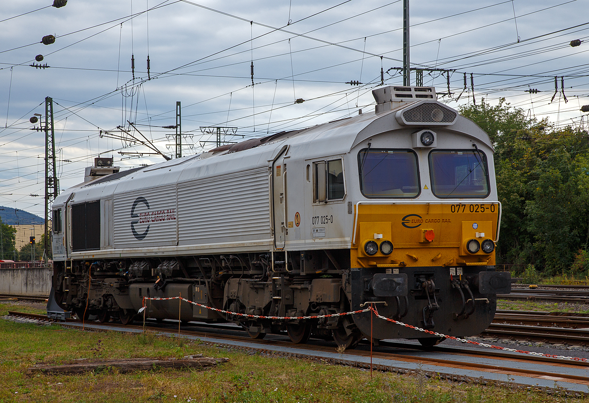 Die 077 025-0 (92 87 0077 025-0 F-DB) der DB Cargo AG, ex ECR 77 025 (Euro Cargo Rail SAS), steht am  04.09.2020 in Koblenz-Lützel. 

Die General Motors EMD JT42CWRM wurde 2008 von EMD unter der Fabriknummer 20068864-025 gebaut und an die französische DB Tochter Euro Cargo Rail SAS (Paris) als 77025 (92 87 0077 025-0 F-ECR) geliefert. Von 2010 bis 2015 fuhr sie als 92 80 1266 425-8 D-DB.

Die General Motors EMD JT42 CWRM - Class 77 ist eine diesel-elektrische 6-achsige Schwerlastlokomotive. Sie besitzt einen 2-Takt-Turbodieselmotor, der einen Generator antreibt der wiederum den Strom für die 6 Gleichstrommotoren erzeugt die die 6 Achsen angetrieben.

In Deutschland ist sie bekannt als Class 77, und werden oft unter der Betreiberbaureihe 247 bezeichnet, im deutschen Fahrzeugeinstellungsregister ist sie jedoch als Baureihe 1 266.4 geführt.
In Großbritannien wird diese Variante als Class 66/9 bezeichnet und ist nicht zu verwechseln mit der Baureihe Class 77 von British Rail. In Frankreich erhielten die Fahrzeuge die Typenbezeichnung CC 77 000. Auch in Belgien ist die Typenbezeichnung 77 anders belegt.

Ab dem 1. Januar 2009 konnten gemäß einer EU-Richtlinie bezüglich Abgasnormen im EU-Raum keine Class 66 mehr zugelassen werden. EMD realisierte daher eine emissionsärmere Variante unter der Bezeichnung JT42CWRM. Bei nahezu unverändertem Leistungsprofil ergab sich durch zusätzliche Einbauten ein Mehrgewicht von nahezu 5000 kg, das teilweise durch ein um 1400 Liter reduziertes Tankvolumen kompensiert wurde.

Mit diesem Typ, wurde die Lok auch außen in einigen Details verändert. Die auffälligsten Merkmale sind eine dritte Tür auf einer Seite aufgrund teilweisen Wegfalles eines durchgehenden Seitengangs im Lokkasten sowie ein zweiteiliges Führerhausseitenfenster. Die lärm- und schadstoffausstoßreduzierte Variante weist zudem größere Lüfterjalousien auf. Grund der Weiterentwicklung war die Erfüllung der ab 2009 gültigen Abgasnormen der EU Stufe IIIa, sowie das Bestreben, den sehr hohen Lärmpegel im Führerstand durch eine bessere Schallisolierung zu reduzieren. Der Triebfahrzeugführer sitzt grundsätzlich auf der linken Lokseite.

Technische Daten:
Spurweite: 1.435 mm
Achsfolge: Co`Co`
Länge über Puffer: 21.349 mm
Drehzapfenabstand: 14.140 mm
Breite: 2.692 mm
Höhe: 3.912 mm
Gewicht: 129,6 t
Radsatzlast: 21,6 t
Dieselmotorleistung: 2.420 kW / 3.290 PS
Motorbauart: V 12-Zylinder-2-Takt-Turbodieselmotor
Motortyp: GM 12N-710G3B-T2 (entspricht der EU IIIA-Abgasnorm)
Drehzahl: 200 – 904 U/min
Tankinhalt: 6.400 l
Generator: AR8/CA6
Fahrmotoren: 6 Stück D43TRC (DC / Gleichstom)
Leistung an den Rädern: 2.268 kW / 3.072 PS
Höchstgeschwindigkeit: 120 km/h
Anfahrzugskraft: 409 kN
 