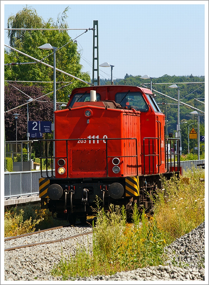 
Die 203 111-0 ist am 20.07.2013 in Ehringshausen (Lahn-Dill-Kreis) abgestellt, ob die Eisenbahnbetriebsgesellschaft Mittelrhein (EBM Cargo, Gummersbach) hier Mieter oder mittlerweile Eigent�mer ist, ist mir nicht ganz klar, denn sie tr�gt hier die NVR-Nummer 92 80 1203 111-0 D-ALS  (ALS - ALSTOM Lokomotiven Service GmbH, Stendal).

Die V 100.1 wurde 1974 bei LEW (VEB Lokomotivbau Elektrotechnische Werke  Hans Beimler , Hennigsdorf) unter der Fabriknummer 14078 gebaut und als 110 651-7 an die DR ausgeliefert. 1985 erfolgte der Umbau in 112 651-5, die Umzeichnung in 202 651-6 erfolgte 1992, die Ausmusterung bei der DB erfolgte 2000. Im Jahre 2002 erfolgte durch ALSTOM Lokomotiven Service GmbH, Stendal der Umbau gem�� Umbaukonzept  BR 203.1  in die heutige 203 111-0, die Inbetriebnahme war im Jahr 2005. 

Die EBA-Nummer ist EBA 01C23K 111.
