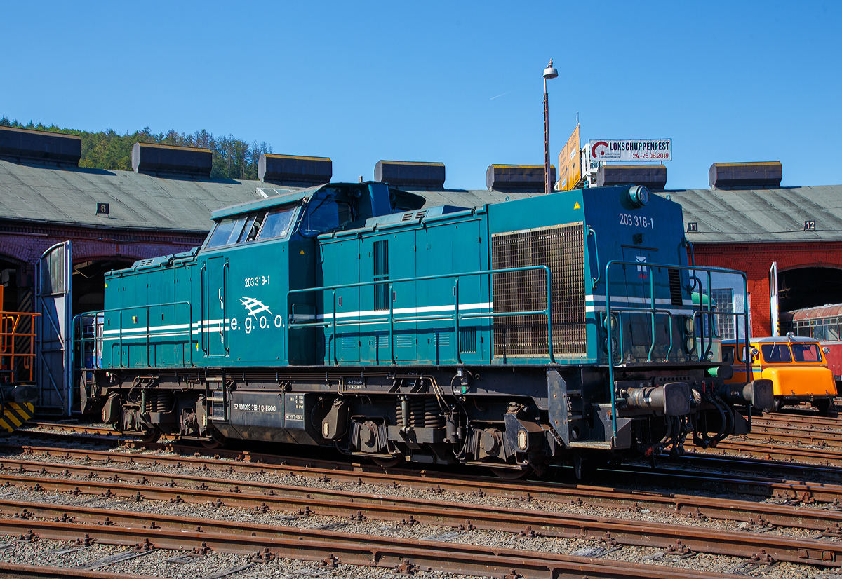 
Die 203 318-1 (92 80 1203 318-1 D-EGOO) der  e.g.o.o. Eisenbahngesellschaft Ostfriesland-Oldenburg mbH, ex 112 318-1, DR  110 318-3, steht am 24.08.2019 beim Lokschuppenfest im Südwestfälischen Eisenbahnmuseum in Siegen.

Die DR V 100.1 wurde 1970 bei LEW (VEB Lokomotivbau Elektrotechnische Werke „Hans Beimler“, Hennigsdorf) unter der Fabriknummer 12827 gebaut und als DR 110 318-3 an die Deutsche Reichsbahn ausgeliefert. 1981 erfolgte der Umbau in DR 112 318-1, die Umzeichnung in DR 202 318-2 erfolgte 1992, die Ausmusterung bei der DB erfolgte 1999. Im Jahre 1999 ging sie über SFZ - Schienenfahrzeugzentrum Stendal in den Kosovo (damals eine Provinz der Bundesrepublik Jugoslawien). Von der PRESS - Eisenbahn-Bau- und Betriebsgesellschaft Pressnitztalbahn mbH wurde sie 2007 wieder nach Deutschland zurückgeholt und ging aber im selben Jahr an die ALS - ALSTOM Lokomotiven Service GmbH in Stendal, wo dann der Umbau gemäß Umbaukonzept  BR 203.1  in die heutige 203 318-1 erfolgte und 2011 von der e.g.o.o. Eisenbahngesellschaft Ostfriesland-Oldenburg mbH. Gekauft wurde.
