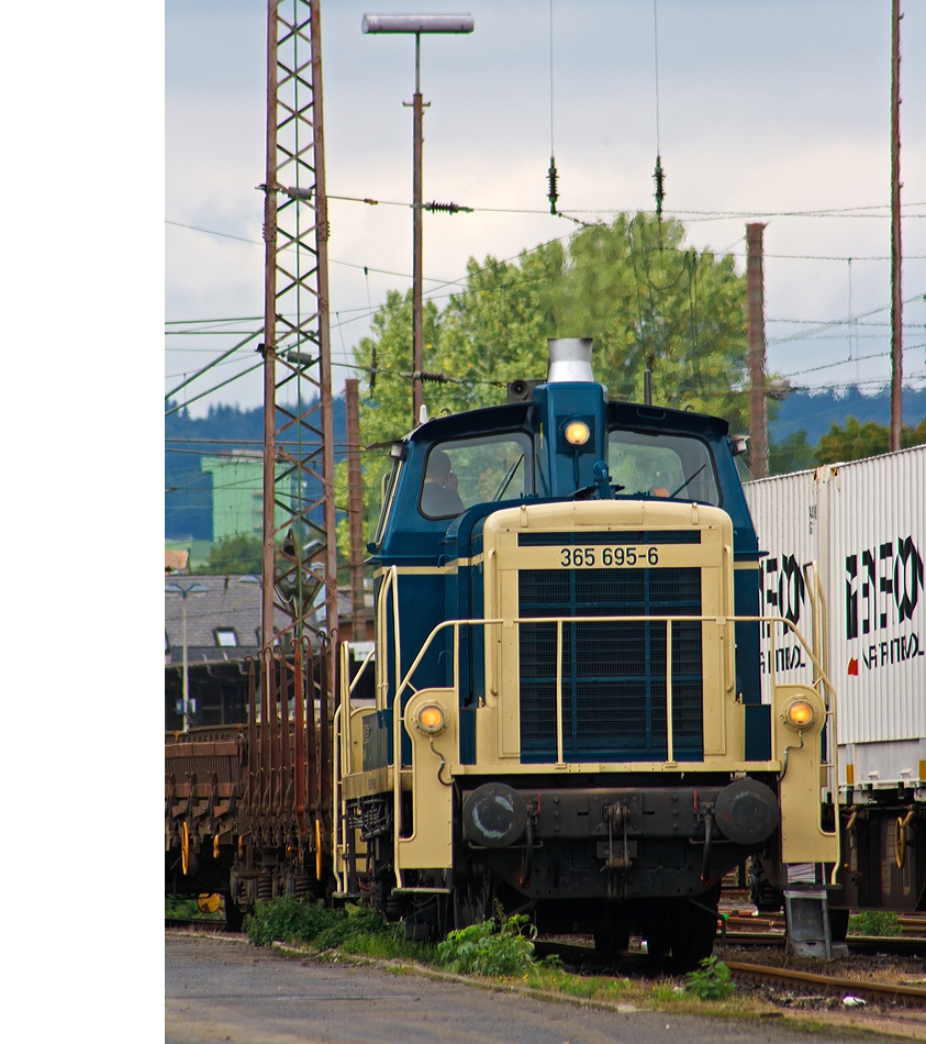 Die 365 695-6 der Aggerbahn (Andreas Voll e.K., Wiehl), ex DB V 60 695, ex DB 261 695-1 sowie ex DB 361 695-0, am 15.09.2013 bei Rangieren mit Res-Wagen in Kreuztal.

Die V60 der schweren Bauart wurde 1960 von MaK unter der Fabriknummer 600284 gebaut und als V 60 695 an die DB geliefert, 1968 erfolgte die Umzeichnung in 261 695-1, eine weitere Umzeichnung in 361 695-0 erfolgte 1987. Ein Umbau mit Einbau einer Funkfernsteuerungen und Umzeichnung in 365 695-6 erfolgte 1989. Bis zur z-Stellung im Mai 2005 lief die Lok bei der DB bzw. Railion Deutschland AG, die endg�ltige Ausmusterung erfolgte dann am 12.02.2007. Ab 2008 war die Lok bei GK Lokservice GbR (Duisburg), bis sie 2012 zur Aggerbahn kam. Hier tr�gt sie nun auch die NVR-Nummer 98 80 3365 695-6 D AVOLL.