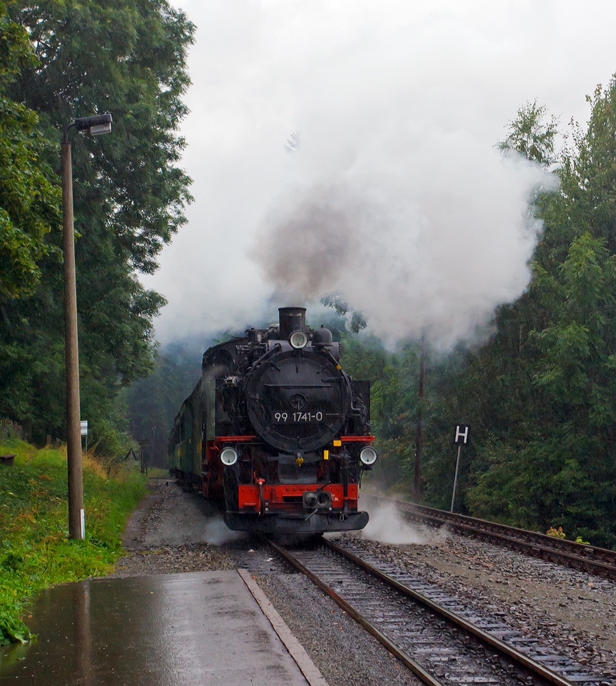 Die 99 1741-0 der Fichtelbergbahn, ex DR 099 725-4, ex DR 99 741 f�hrt am 25.08.2013, leider bei starkem Regen, mit dem Personen-Zug 1007 in den Hp Kretscham-Rothensehma ein. 
Die 750 mm-spurige Dampflok der Altbau-Baureihe 99.73-76 wurde 1928 bei S�chsische Maschinenfabrik (SMF) vorm. Richard Hartmann AG in Chemnitz unter der Fabriknummer 4691 gebaut.
Diese 5-fach-gekuppelten Loks der Gattung K 57.9 haben eine Leistung von 600 PSi mit ihrem Dienstgewicht von 56,7 t haben eine H�chstgeschwindigkeit von 30 km/h.
