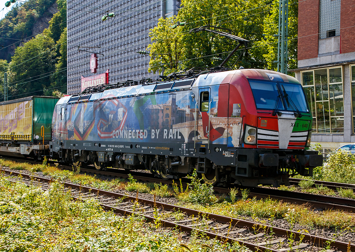 Die an die TX Logistik AG vermietete Siemens Vectron MS X4 E - 640 (mit Werbung -Connected by Rail-) bzw. 193 640 (91 80 6193 640-0 D-DISPO) der MRCE Dispolok GmbH (München) fährt am 02.09.2020, mit einem KLV-Zug, auf der Linken Rheinstrecke durch Koblenz-Oberwerth in Richtung Köln. Im Hintergrund die Koblenzer Brauerei (früher Königsbacher Brauerei).

Die Siemens Vectron MS - 6.4 MW wurde 2016 von Siemens in München-Allach unter der Fabriknummer 22164 gebaut. Sie hat die Zulassungen für Deutschland, Österreich und Italien , sie hat eine Höchstgeschwindigkeit von 160 km/h.
