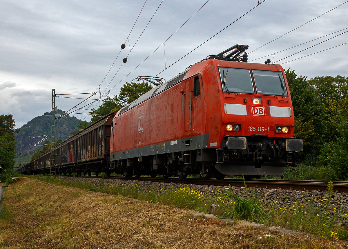 Die auch für die Schweiz zugelassene 185 116-1 (80 6185 116-1 D-DB) der DB Cargo AG fährt am 03.08.2020 mit einem gedeckten Güterzug durch Bad Honnef in Richtung Süden. Oben im Hintergrund  der berühmte Drachenfelsen.

Die TRAXX F140 AC wurde 2003 bei Bombardier in Kassel unter der Fabriknummer 33556 gebaut. Sie hat die Zulassungen für Deutschland und die Schweiz, man kann es auch an den vier DSA-200 Einholm-Stromabnehmer erkennen. Außen sind jeweils die für das Schweizernetz bestimmten Stromabnehmer mit einer Wippenbreiten von 1.450 mm (500 mm schmaleren) und innen die DB-Netz bestimmten mit einer Wippenbreiten von 1.950 mm.

Ende 2015 war die Lok sogar an die SBB Cargo ausgeliehen.
