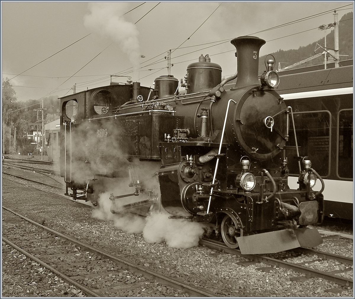 Die  B-C BFD HG 3/4 N° 3 in Blonay.
22. Okt. 2017