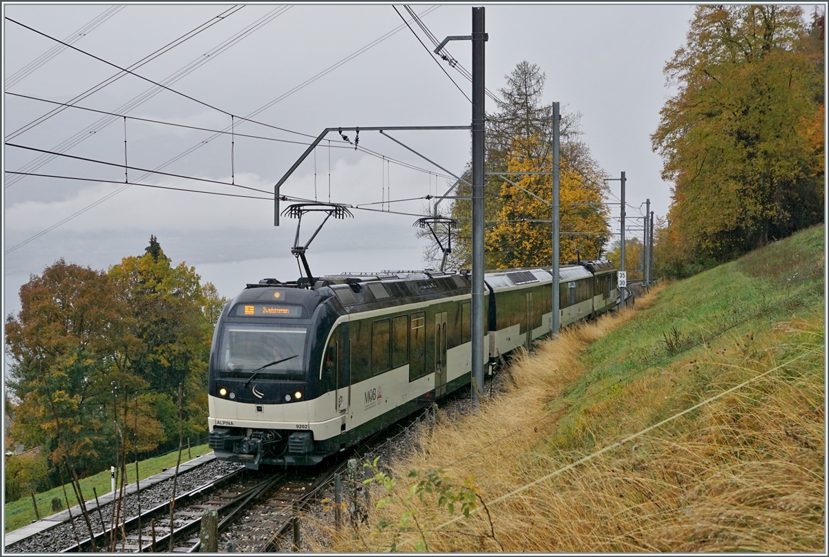 Die beiden MOB Alpina Be 4/4 9202 und ABe 4/4 9302 mit ihrem Regionalzug von Montreux nach Zweisimmen bei der Einfahrt in Sendy-Sollard, einem Bahnhof mit Halt auf Verlangen aber ohne Bahnsteig (und somit wohl ohne Maskenpflicht).

23. Oktober 2020