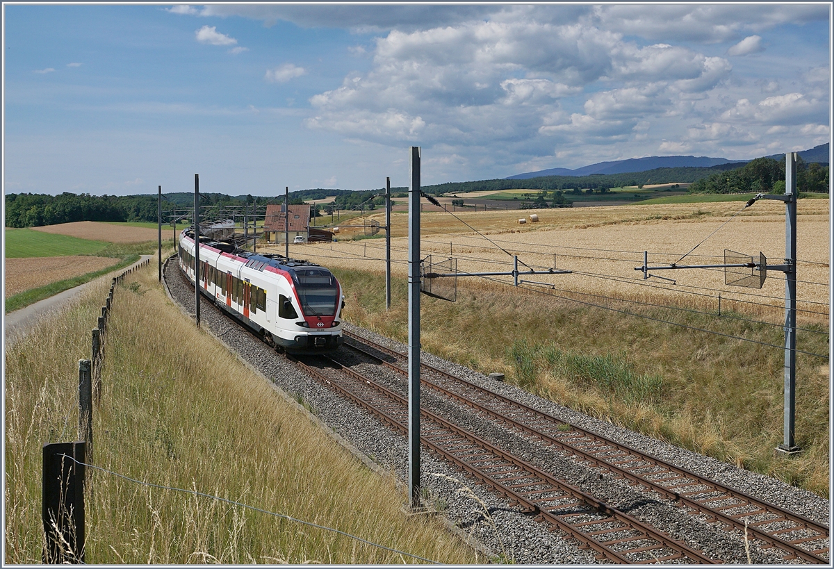 Die beiden SBB RABe 523 027 und 059, unterwegs als RER Vaud von Villeneuve nach Vallorbe kurz nach Arnex.

14. Juli 2020