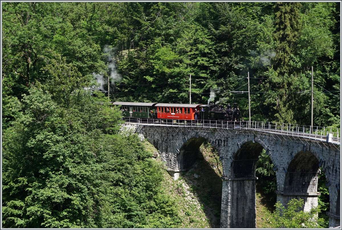 Die BFD HG 3/4 N° 3 der Blonay-Chamby Bahn ist wieder zurück! Und auch wieder im Einsatz, auch wenn  dies Foto der Lok beim ersten Planeinsatz Sonnenstandsmässig die Lok etwas unscheinbar auf dem Baye de Clarens Vidukt erscheinen lässt. Die Dampfwolke links im Bild stammt von der G 2x 2/2 105, welche mit der HGe 3/3 den Zug gemeinsam nach Blonay bringt. 

4. Juni 2022
