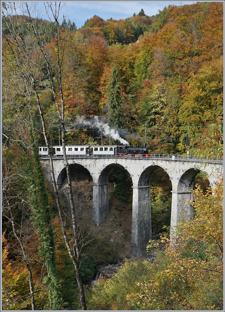 Die Blonay-Chamby G 2x 2/2 105 erreicht mit einem aus Wagen verschieden Bahngesellschaften zusammengestellten, aber doch einheitlich erscheinenden Reisezug den Baye de Clarens Viadukt.

27. Okt. 2019