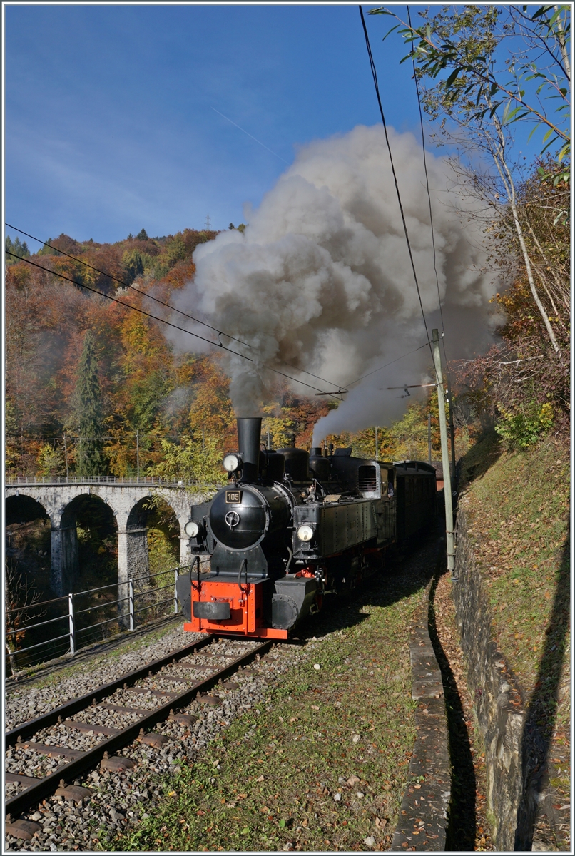 Die Blonay-Chamby G 2x 2/2 105 dampft zum Saison Abschluss (2021) durch die herbstliche Landschaft bei Vers chez Robert in Richtung Chamby.

31. Oktober 2021 