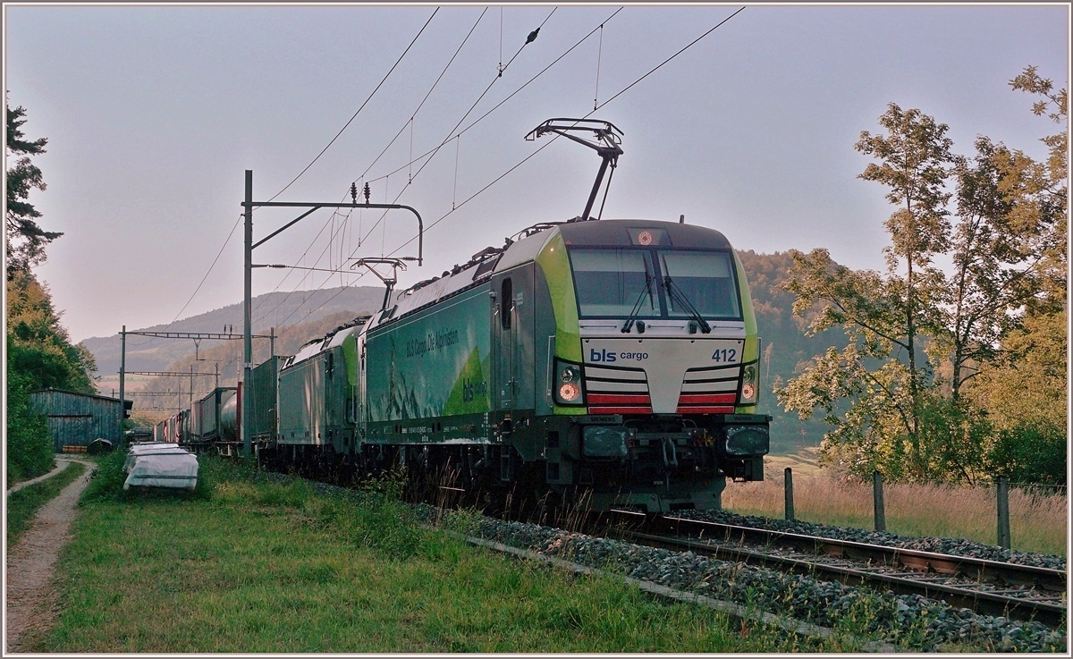 Die BLS Re 475 412 und eine weitere fahren im Schatten mit einem via Alte Hauensteinlinie umgeleiteten Güterzug Richtung Sissach. Der Zug fährt gerade durch den Bahnhof Sommerau und wird in Kürze eine Stelle erreichen die sich  Gotthard  nennt.
18. Juli 2018 
