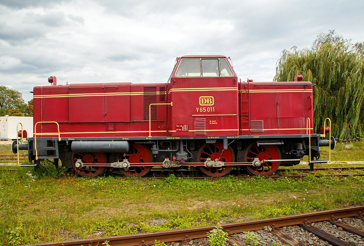 Die DB V 65 011, ex DB 265 011-7, am 04.09.2020 im DB Museum Koblenz-Lützel.

Die V 65 wurde 1955 bei MaK (Maschinenbau Kiel) unter der Fabriknummer 600014 gebaut und als V 65 011 an die Deutsche Bundesbahn (DB) geliefert. Die Umzeichnung in DB 265 011-7 erfolgte 1968, die Ausmusterung bei der DB 1977. Seit 2011 ist sie nun hier im DB Museum Koblenz.

Für den Einsatz auf Nebenbahnen wurde die aus der zum ersten Typenprogamm von MaK gehörigen 600 D die V 65 der DB entwickelt und in 15 Exemplaren an die DB geliefert. Neben der etwas höheren Motorleistung unterscheidet sie sich in diversen Details von der 600 D. Äußerlich am auffälligsten sind die glatten Seiten der Motorhaube, die waagerechten Lamellen des Frontlüfters und die freistehenden Lampen. Ebenfalls neu ist der mit Koks betriebene Dofa-Ofen zum Vorwärmen und Warmhalten.

Nachdem ein Weiterbau der V 65 zugunsten der V 100.10 aufgegeben wurde, kam diese Splittergattung bis 1964 zunächst im Nebenbahndienst im Raum Marburg/Lahn zum Einsatz, wobei neben Güterzügen auch der Personenverkehr auf dem Dienstplan stand. Anschließend gelangten die Loks in den Norden und verdiente ihr Gnadenbrot im Rangierdienst in Hamburg-Altona, Hamburg-Harburg und Puttgarden.

Die Technik der V65
Die Lok ist auch technisch interessant: Erst mit der V16 wurde es kurz vor dem Krieg möglich, die Kraft des Motors hydraulisch zu übertragen. Im Gegensatz zur Dampfmaschine kann der Dieselmotor nicht aus dem Stand ziehen. Eine Kupplung wie im KFZ würde die Kräfte und Gewichte der Eisenbahn nicht überleben. Während des Krieges wurden nur Rangierdieselloks für die Wehrmacht in dieser Technik gebaut. Nach dem Krieg war die V 65 die erste hydraulische Streckendiesellok. Als Antriebsmaschine dient ein langsam laufender MaK- 6-Zylinder- Schiffsdiesel vom Typ MS 301 C mit 72 Liter Hubraum. Das hört man besonders beim Beschleunigen und Starten der Lok. Vom Strömungsgetriebe wird die Kraft auf eine Blindwelle übertragen und gelangt von dort mit Treibstangen auf die vier Achsen- wie bei der Dampflok
Der Stangenantrieb war die Ursache, dass nur 15 Exemplare gebaut wurden. Für höhere Geschwindigkeiten hat man Dampfloks größere Räder gegeben, um die Drehzahl zu begrenzen. Man stelle sich einmal die V65 mit 2m -Rädern der BR 01 Schnellzugdampflok vor.
Ein großer, langsam laufender Dieselmotor darf nicht einfach kalt gestartet werden. Der Verschleiß wäre enorm. So wird die Lok ca. zwei Stunden “vorgeheizt”, ähnlich einer Dampflok. Nur wird hier nicht Kesselwasser erhitzt, sondern das Motoröl. Ab einer Temperatur von etwa 40° C kann der Motor gestartet werden.

Für 72 Liter Hubraum gibt es keinen Elektrostarter. Deshalb wird der Motor mit Druckluft von 30 bar gestartet. Das ist ein akustisches Schauspiel.

Die Kraftübertragung von der Blindwelle zu den Achsen über Kuppelstangen stellt den technischen Übergang von der Dampflok zur modernen Lok dar. Auch viele Ellok Typen aus der Länderbahnepoche zeigten diese archaische Technik. Damit war allerdings die Höchstgeschwindigkeit begrenzt. Man konnte nicht die Räder vergrößern, wie bei Dampflokomotiven. Das war einer der Hauptgründe für die DB, sich bei Streckenlokomotiven für den Antrieb über Drehgestelle zu entscheiden.

Im Gegensatz zu späteren Lieferungen an Privatbahnen, hatten die DB- Lok freistehende Laternen, wie Dampflokomotiven

Bis 1980 wurde die gesamte Baureihe ausgemustert, nachdem vor allem die Gewerkschaften auf eine vorzeitige Ausmusterung drängten: Durch den langsam laufenden MaK-Motor soll sich im Führerhaus regelmäßig eine beträchtliche Hitze entwickelt haben.

Von den 15 gebauten Loks blieben mit V 65 001 und V 65 011 nur zwei in Deutschland erhalten. Die ehemalige V 65 004 hingegen geht in Italien einer ungewissen Zukunft entgegen.

Technische Daten:
Spurweite: 1435 mm
Achsfolge: D
Länge über Puffer: 10.740 mm
Achsstand: 5.800 mm
größte Breite: 3.100 mm
größte Höhe über Schienenoberkante: 4.150 mm
Raddurchmesser neu: 1.250 mm
kleinster befahrbarer Gleisbogen: 50 m
Dienstgewicht: 54 t
Kraftstoffvorrat: 1.130 l
Heizbrennstoff Koks: 100 Kg

Motor : MaK- 6-Zylinder- Viertakt-Schiffsdiesel vom Typ MS 301 C
Leistung: 650 PS (479 kW)
Drehzahl: 750 U/min
Hubraum: 72 Liter

Getriebe: Voith Typ L 37 z
Höchstgeschwindigkeit 80 km/h 
