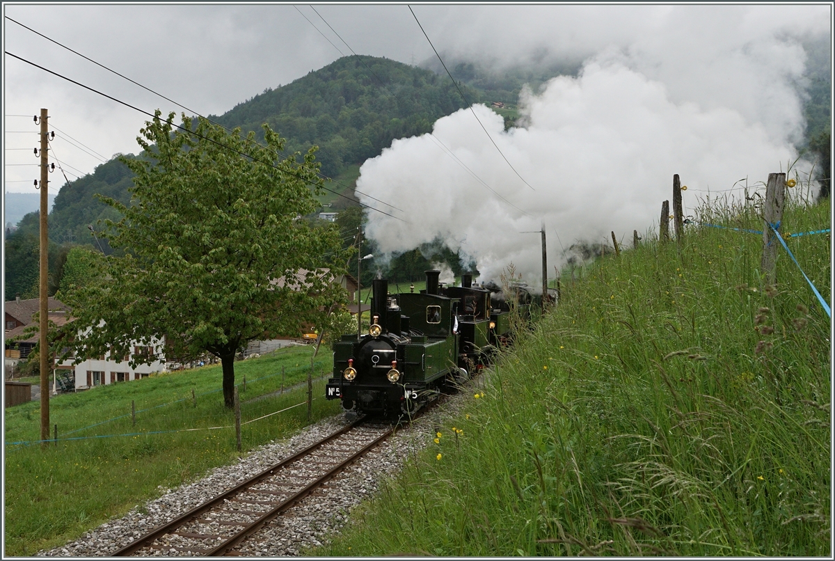 Die etwas ungeschickte Wahl gepaart mit einem zu frühen Auslösen ergibt leider kein sehr schönes Bild der vierfach Traktion des Riviera Belle Epoque Zuges bei Cornaux. 
14. Mai 2016
