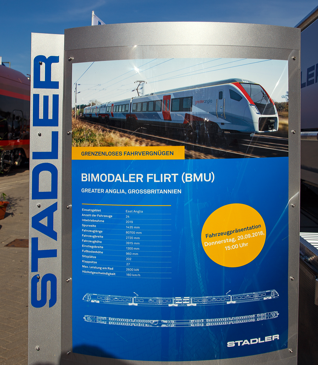 
Die Stadler-Werbetafel zum vierteiligen FLIRT-Triebzug mit bimodalem Antrieb (BMU) der British Rail Class 755/4 f�r die Greater Anglia (GB), am 19.09.2018 auf der InnoTrans 2018 in Berlin. 