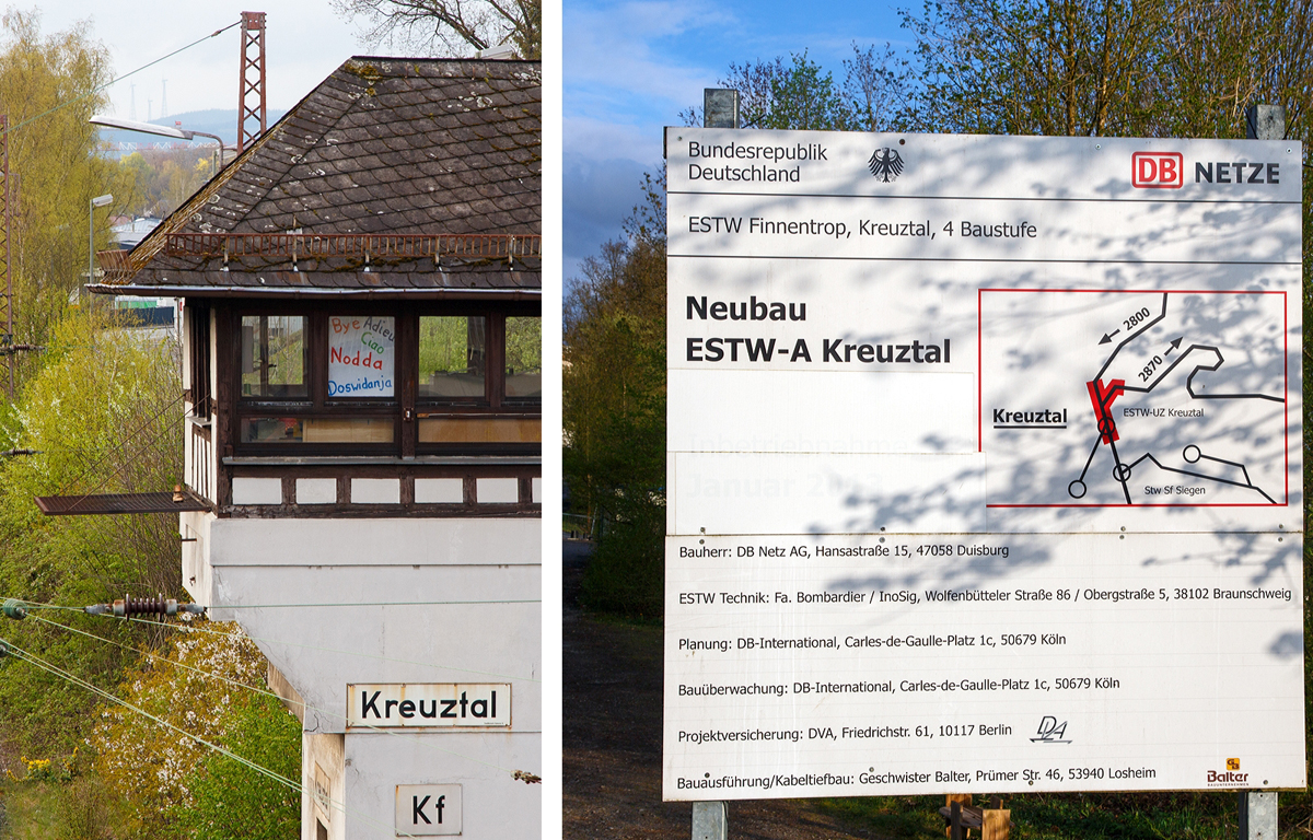 
Die Tage im Betrieb sind gez�hlt....morgen ist alles vorbei....

Rechtes Bild: Mit Paketen in den Fenstern verabschieden sich die Fahrdienstleiter, des Fahrdienstleiter Stellwerks Kreuztal (Kf), hier am 25.04.2015. Das Reiterstellwerk das 1923 in Betrieb genommen wurde, wird zum 26.04.2015 (einen Tag sp�ter) nicht mehr in Betrieb sein, dann wird das ESTW-A in Betrieb gehen. Zum Gl�ck steht das Stellwerk (KF) unter Denkmalschutz. 

Linkes Bild: Das Bauschild zum ESTW-A Kreuztal.