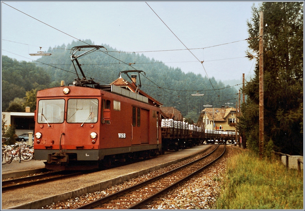 Die WSB De 4/4 mit einem Aluminium Massel Zug nach Menziken bei der Ankunft in Gränichen. 

4. Sept. 1984 