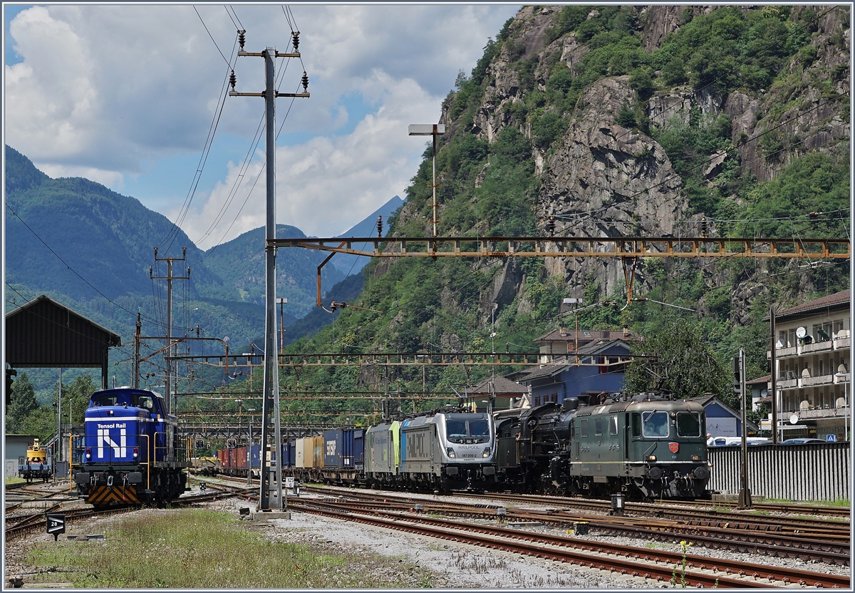 Ein Bild aus Bodio mit vielen Loks: Links im Bild eine unbekannte vierachsige Industriebahn  Dieselok der Trensol, in der Mitte des Bildes fährt ein Güterzug mit einer Railpool 187 und einer BLS 485 durch und recht davon stellt sich die SBB Re 4/4 11161 als ETCS Vorspannlok vor die C 5/6 2879, um den Dampfzug als  als ETCS Vorspannlok nach Bellinzona zu führen. 

28.07.2016
