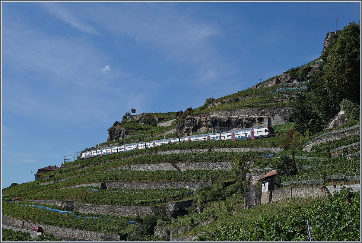 Ein SBB RABe 511 ist im Umleitungsverkehr auf der Train des Vigens Strecke unterwegs, die hier mitten in den Rebbergen ihrem Namen alle Ehre macht.

28. August 2018