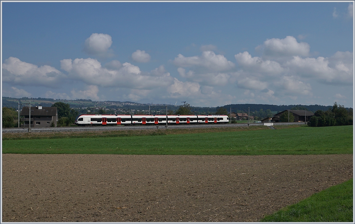 Ein SBB RABe 523 als S-Bahn von Sursee nach Zug am Sempacher See zwischen Nottwil und Sempach Neuenkirch.

21. Sept. 2020