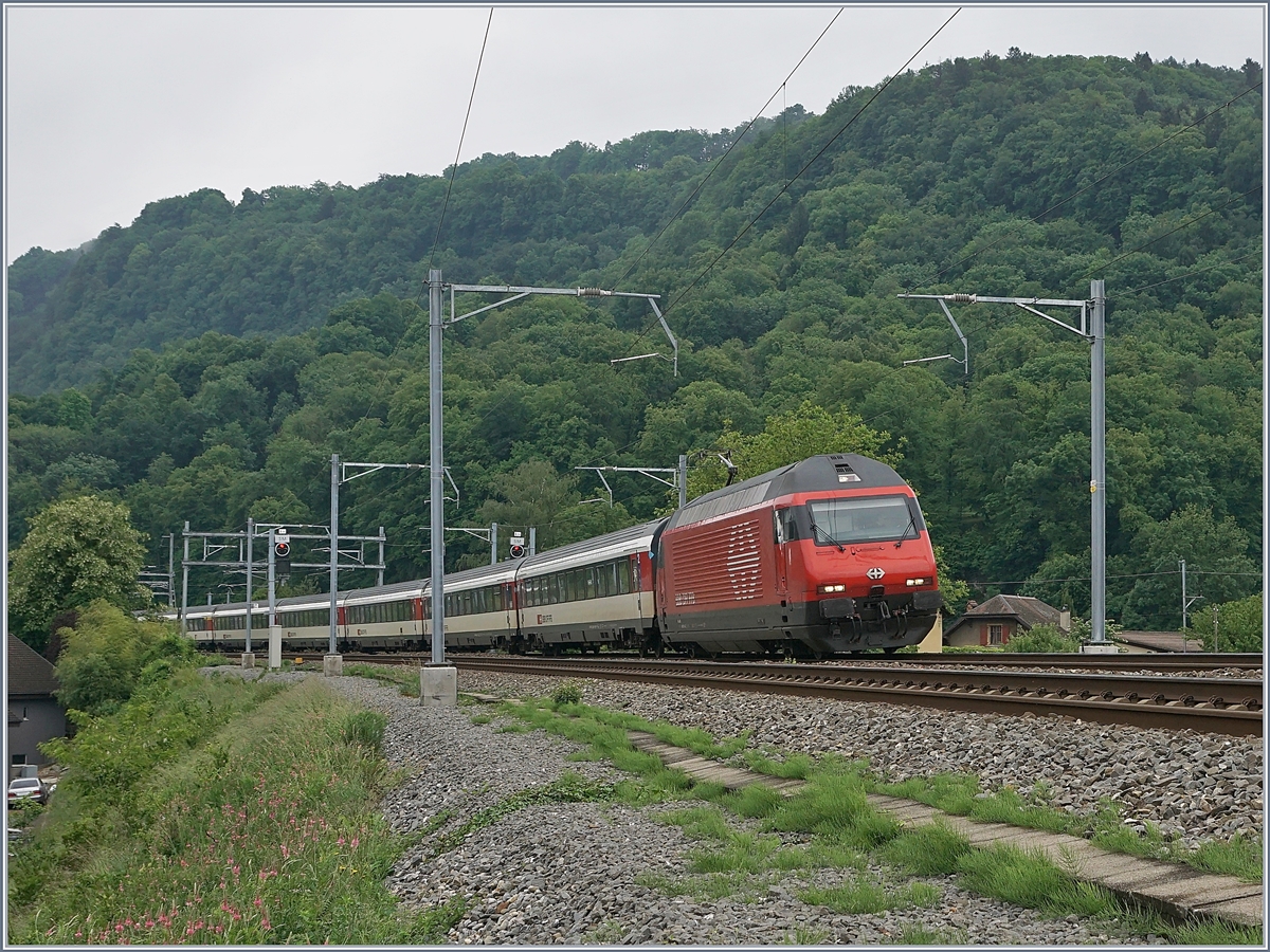 Eine SBB Re 460 mit einen IR 90 auf der Fahrt von Brig nach Genève Aéroport kurz nach St-Maurice. 

14. Mai 2020