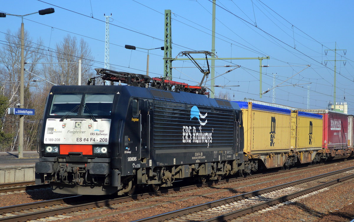 ERSR/LOCON Benelux B.V.? mit der MRCE Dispo 189 208-2/ES 64 F4-208 mit Container-/KLV-Güterzugleistung am 15.02.17 Bf. Flughafen Berlin-Schönefeld.