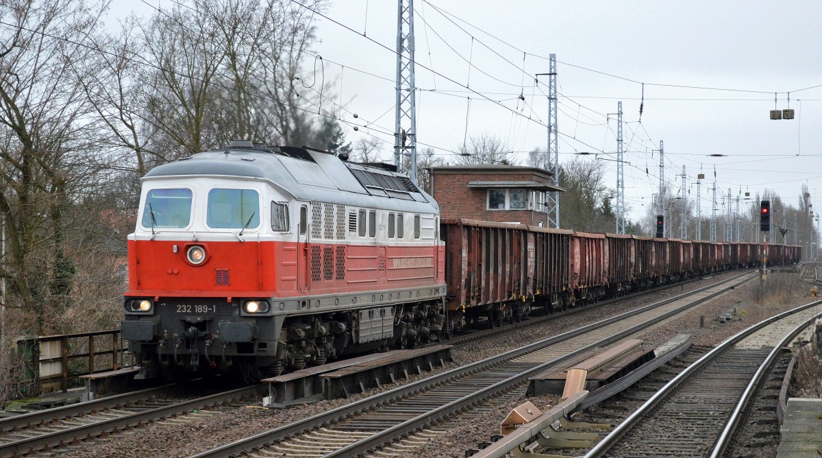 EWR 232 189-1 mit Ganzzug offener Güterwagen am 10.02.15 Berlin-Karow.