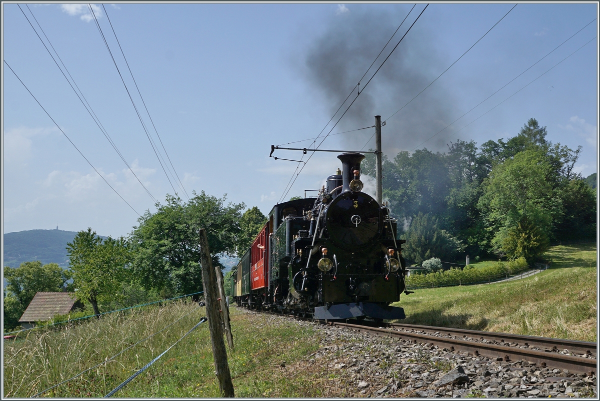  Festival Suisse de la Vapeur 2022 / Schweizer Dampffestival 2022  der Blonay-Chamby Bahn: Nun ist die vor kurzem aus Meiningen zurückgekehrte BFD HG 3/4 N° 3 der Blonay-Chamby Bahn wieder in Betrieb. Die HGe 3/4 N° 3 ist mit ihrem Zug von Blonay Richtung Chamby bei Chaulin unterwegs.

4. Juni 2022