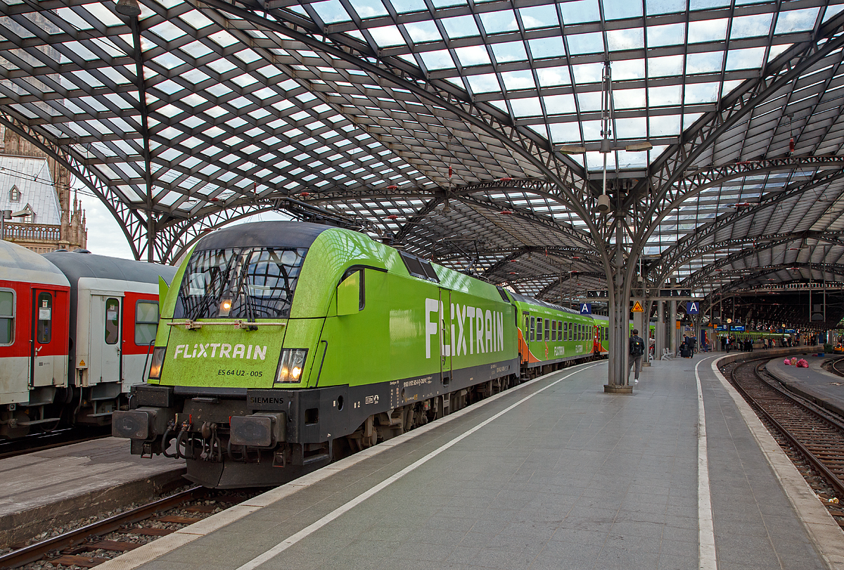 Fr�h morgens im Hbf K�ln....
Die MRCE Dispolok ES 64 U2-005 bzw. 182 505-8 steht am 22.05.2018 im Hbf K�ln mit dem (FLX 1800) FlixTrain nach Hamburg-Altona zur Abfahrt bereit.

Die Siemens ES 64 U2 wurde 2002 von Siemens in M�nchen unter der Fabriknummer 20561 gebaut. Seit 2008 tr�gt sie die NVR-Nr. 91 80 6182 505-8 D-DISPO. Ab M�rz 2018 ist sie von der BTE BahnTouristikExpress GmbH in N�rnberg f�r den FlixTrain angemietet, denn die BTE stellt das Rollmaterial f�r den FlixTrain, wie zuvor auch schon f�r den HKX (Hamburg-K�ln-Express).
