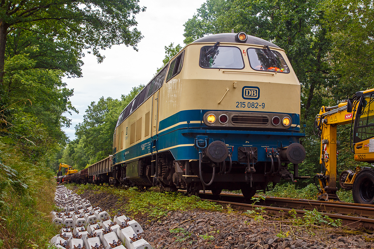 
Gleiserneuerung der Hellertalbahn (KBS 462) auf 8 km zwischen Holzhausen und Haiger. 

Die 215 082-9 der Aggerbahn (Andreas Voll e.K., Wiehl), eigentlich 225 082-7 (92 80 1225 082-7 D-AVOLL), ex DB 225 082-7, ex DB 215 082-9, ist am 21.08.2020 bei Haiger-Allendorf mit einem Schwellenzug im Einsatz. Die Schellen vom Zug mit einem Bagger abgeladen und an die Seite gelegt. Es erfolgt ein konventioneller Gleisumbau (ohne Umbauzug). Die Streckensperrung ist vom 21.08. bis 08.10.2020 geplant.
