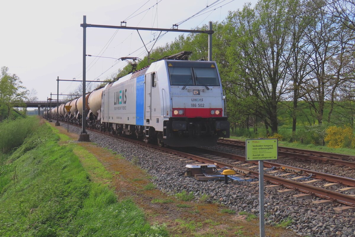 Glücklein am Bahnübergang bei Niftrik: beinahe verpasste Ihren Fotograf dieser Improvisationsbild von Lineas 186 502 mit umgeleiteter Knickkesselwagen am 13 April 2024.