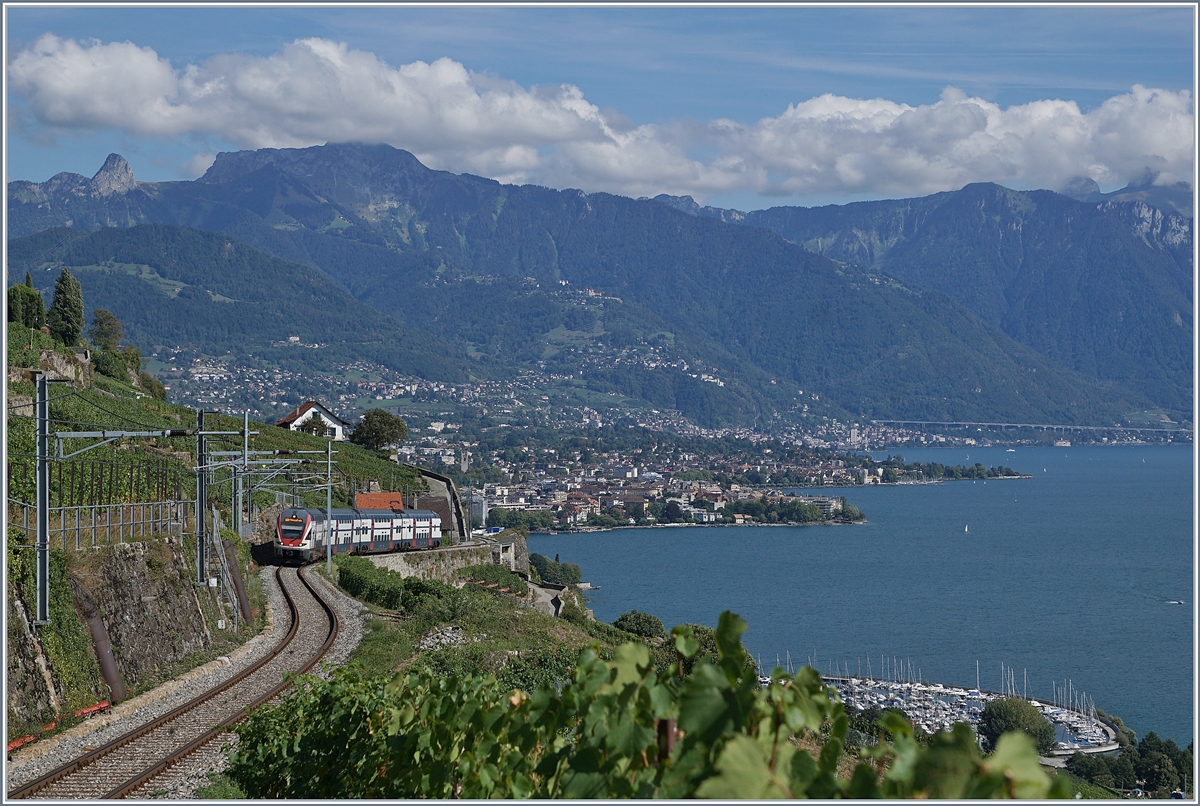 Hier ist natürlich mehr die Aussicht das Motiv, als der die 38 Promille steile Strecke von Vevey nach Chexbres herauffahrende SBB RABe 511.
26. August 2018