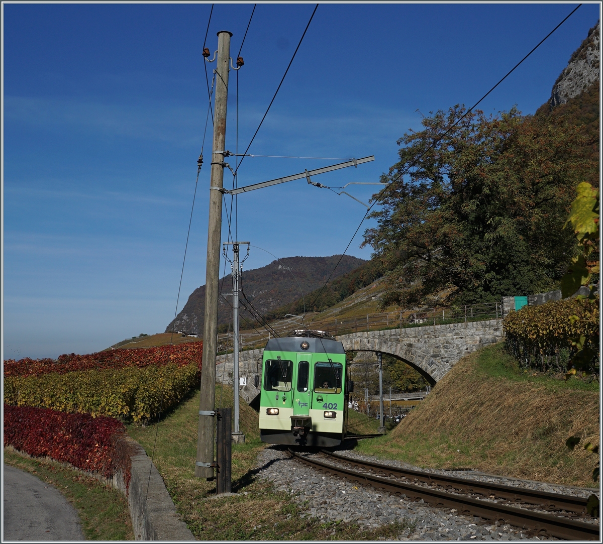 Kurz nach dem Bahnhof  Aigle Ch�teau  beginnt die kurvenreiche Steigung durch die Weinberge von Aigle. Im Bild der ASD BDe 4/4 402 auf Bergfahrt.

27. Okt. 2021