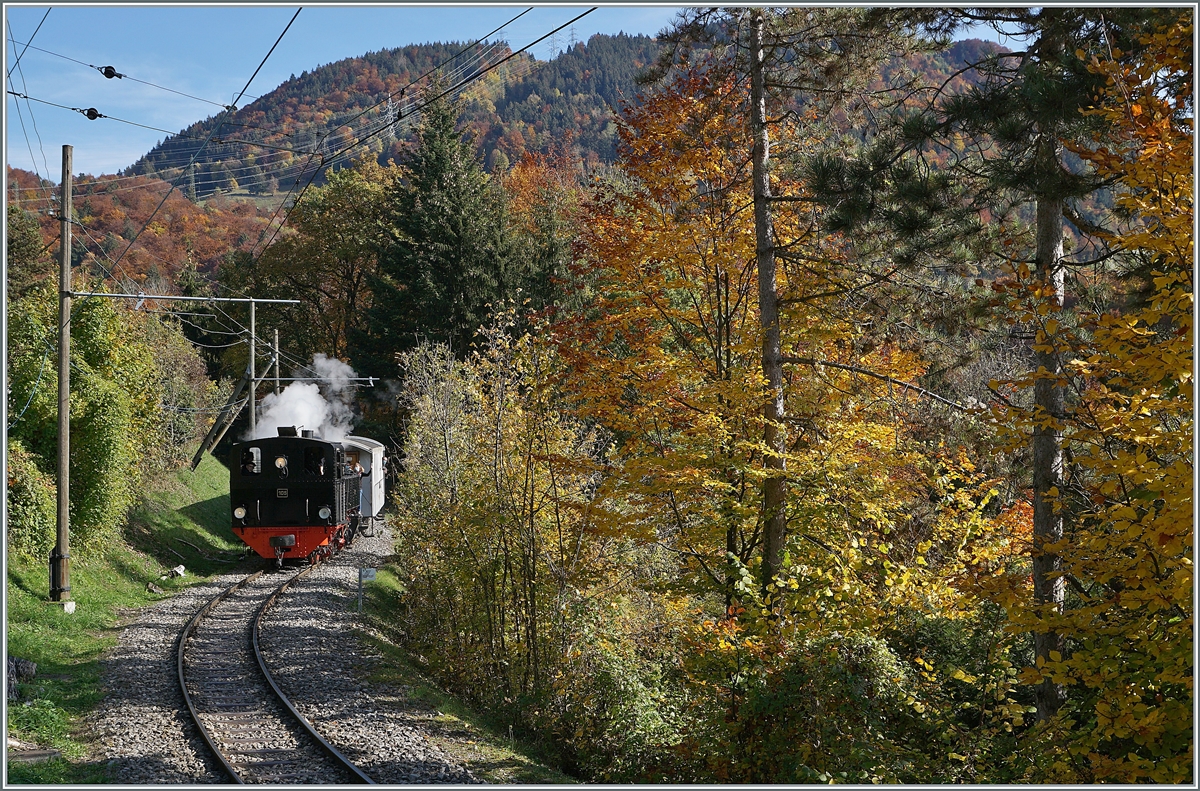  LA DER 2020 du Blonay-Chamby  / Saison Abschluss der Blonay-Chamby Bahn: Mit einem verstärkten Fahrplan und viel Dampf wird vor dem  Winterschlaf  (bzw. Arbeit im DépÔt Chaulin) nochmals viel Betrieb gemacht. Die G 2x 2/2 105 mit ihrem Reisezug auf dem Weg nach Blonay kurz vor Chantmerle.

25. Okt. 2020
