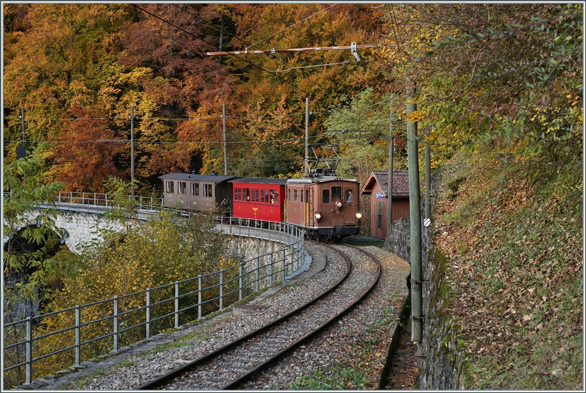  LA DER 2020 du Blonay-Chamby  / Saison Abschluss der Blonay-Chamby Bahn: Mit einem verstärkten Fahrplan und viel Dampf wird vor dem  Winterschlaf  (bzw. Arbeit im Dépôt Chaulin) nochmals viel Betrieb gemacht. Die BOB HGe 3/3 (Baujahr 1926) mit dem NStCM C4 N° 7 (Baujahr 1910) und dem BOB  Kaiserwagen  C3 N° 6 (Baujahr 1901) unterwegs von Blonay nach  Chaulin bei Vers-Chez-Robert. 

24. Okt. 2020