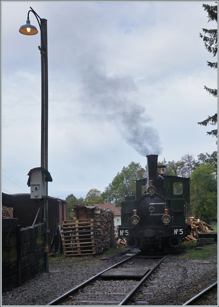  La DER de la Saison 2023  - das zeitweise etwas trübe Wetter des Samstags hat auch seine Vorteile, zauberte es doch eine reizvolle Stimmung bei der Lokbehandlung der B-C in Chaulin. Dank dem Bildbearbeitungsprogram zeigt sich die seit Jahren schiefe Lampe zumindest auf diesem Bild recht gerade. 
Rechts im Bild die LEB G 3/3 N° 5 die hier mit Kohle und später Wasser versorgt werden wird.

28. Okt. 2023