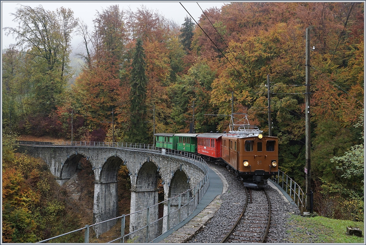 La Dernière du Blonay - Chamby - das 50. Jahre Jubiläum beschliesst die Blonay Chamby Bahn mit einer Abschlussvorstellung: Die Berninabahn Ge 4/4 81 macht mit ihrem bunten Zug auf der Fahrt nach Chaulin dem Herbstwald Konkurrenz.
27. Oktober 2018
