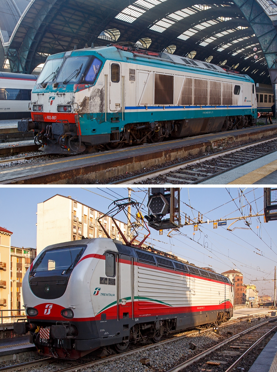 
Mal im Vergleich eine E.402A und die Weiterentwicklung daraus eine E.402B 

Oben: Die E.402.007 (91 83 2402 007-5 I-TI) eine E.402A der Trenitalia ist am 29.12.2015 beim Bahnhof Milano Centrale abgestellt. 
Unten: Die E.402.168 (91 83 2402 168-5 I-TI) eine E.402B der Trenitalia in Frecciabiancalackierung fährt am 29.12.2015 aus dem Bahnhof Milano Centrale.  

Am Auffälligsten ist der neu gestaltete und futuristischere Wagenkasten, dieser wurde Pininfarina designt. Die E.402B ist ca. 2 t schwerer, 980 mm länger, zudem erreicht die E.402B nur eine Höchstgeschwindigkeit von 200 km/h, ihr Vorgängermodell kann 220 km/h erreichen.
