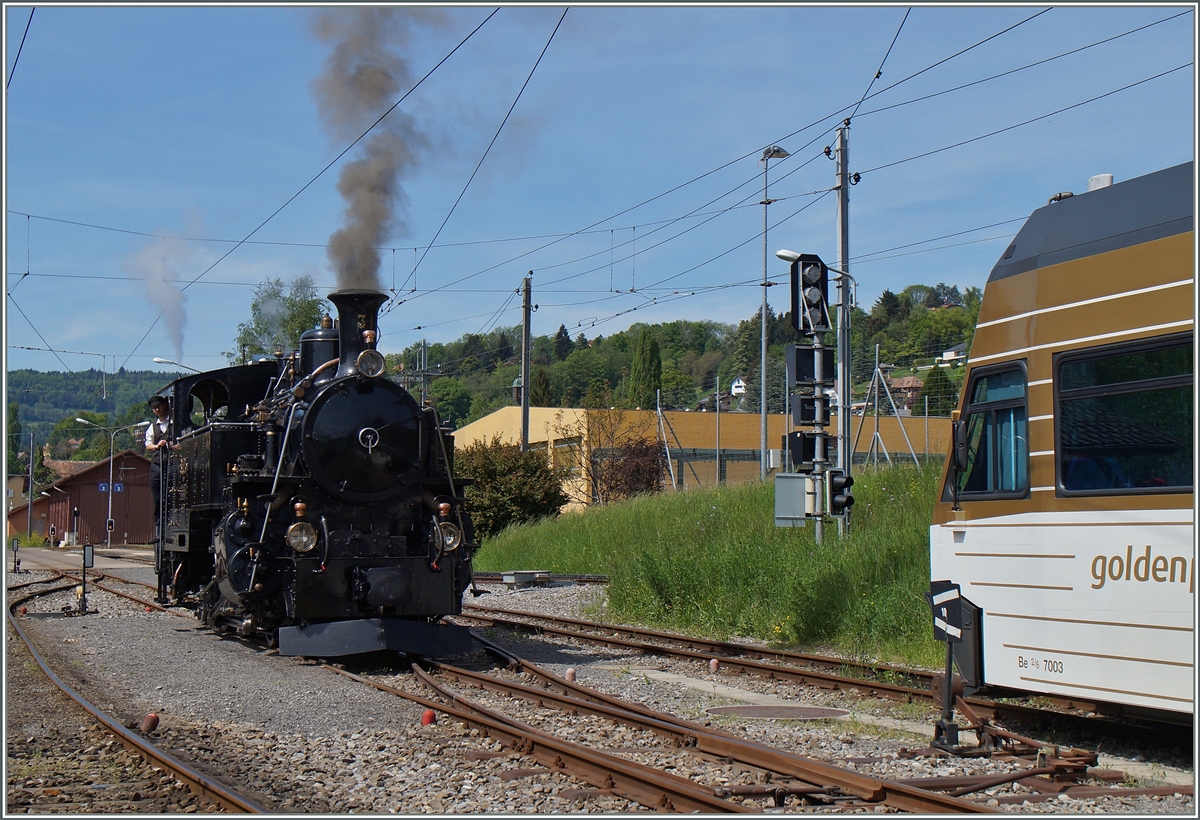 Mit einer Woche Verspätung infolge Erdrutsch, startet die Saison der Blponay -Chamby Bahn nun am Wochenende 9./10 Mai. 
Die B.F.D HG 3/4 N° 3 in Blonay. 
10. Mai 2015