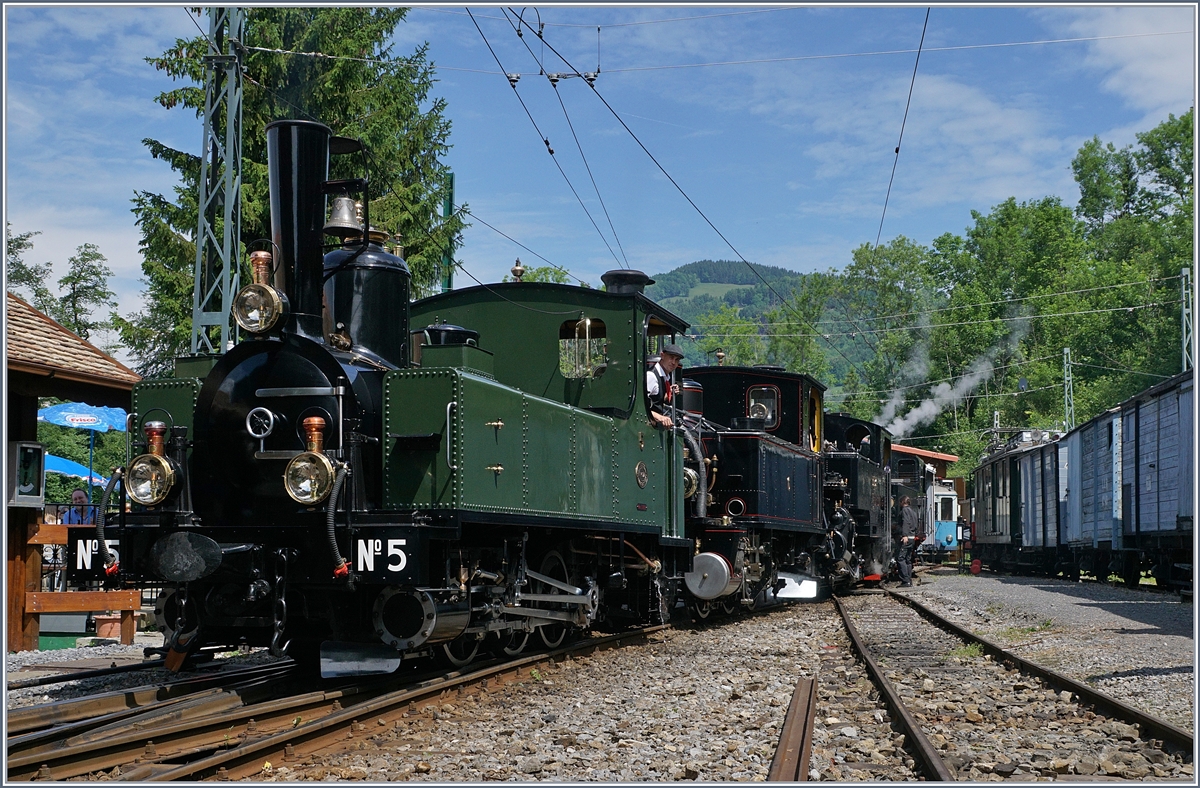 Nachdem der Dampfzug von Blonay in Chaulin eingetroffen ist, löst sich die Vierfachtraktion auf. Zuerst verlässt die kleine G 3/3 N§ 5 den Zug.
3. Juni 2017