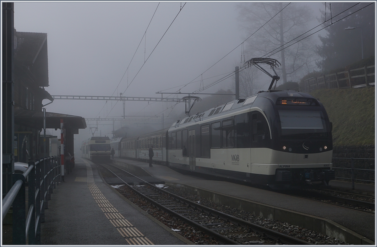Nebel in Les Avants: Ein MOB Alpina bestehtne aus dem Be 4/4 9202, zwei Zwischenwagen und dem ABe 4/4  9302 als Regionalzug 2224 auf dem Weg nach Zweisimmen.
21. Dez. 2016
