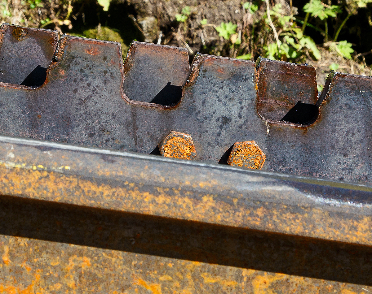 
Nochmal als Detail  
Brienz Rothornbahn: Ansicht auf eine doppelte Zahnstangen vom System Abt, direkt oberhalb der Mittelstation Planalp, am 24.09.2016. Die Zahnteilung der Zahnstange beträgt 120 mm.  