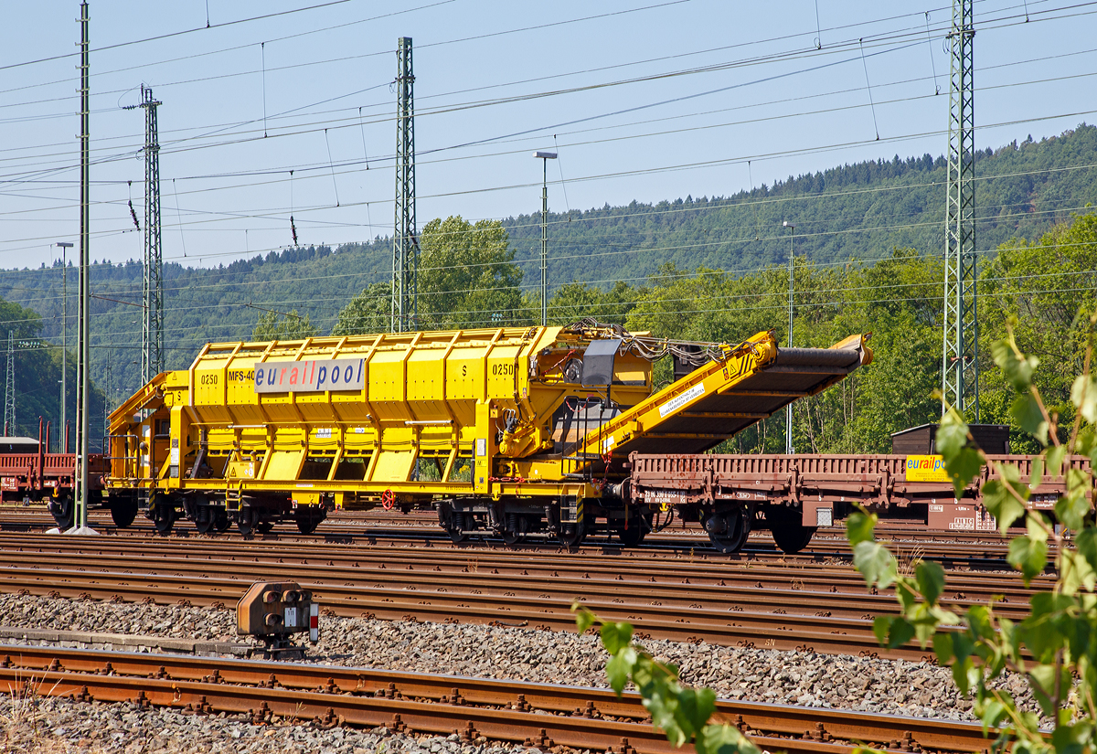 
Nochmal von der anderen Seite......
Die Plasser & Theurer Materialf�rder- und Siloeinheit MFS 40 Nr. 0250 der eurailpool GmbH,  Schweres Nebenfahrzeug Nr. 99 80 9 552 011-5 abgestellt am 04.07.2015 in Betzdorf/Sieg

Die eurailpool ist ein deutsch-�sterreichisches Gemeinschaftsunternehmen, in welchem das deutsche Unternehmen GSG Knape Gleissanierung GmbH und die �sterreichische Swietelsky ihre Aktivit�ten im Bereich der Untergrundsanierung von Bahnstrecken geb�ndelt haben.
