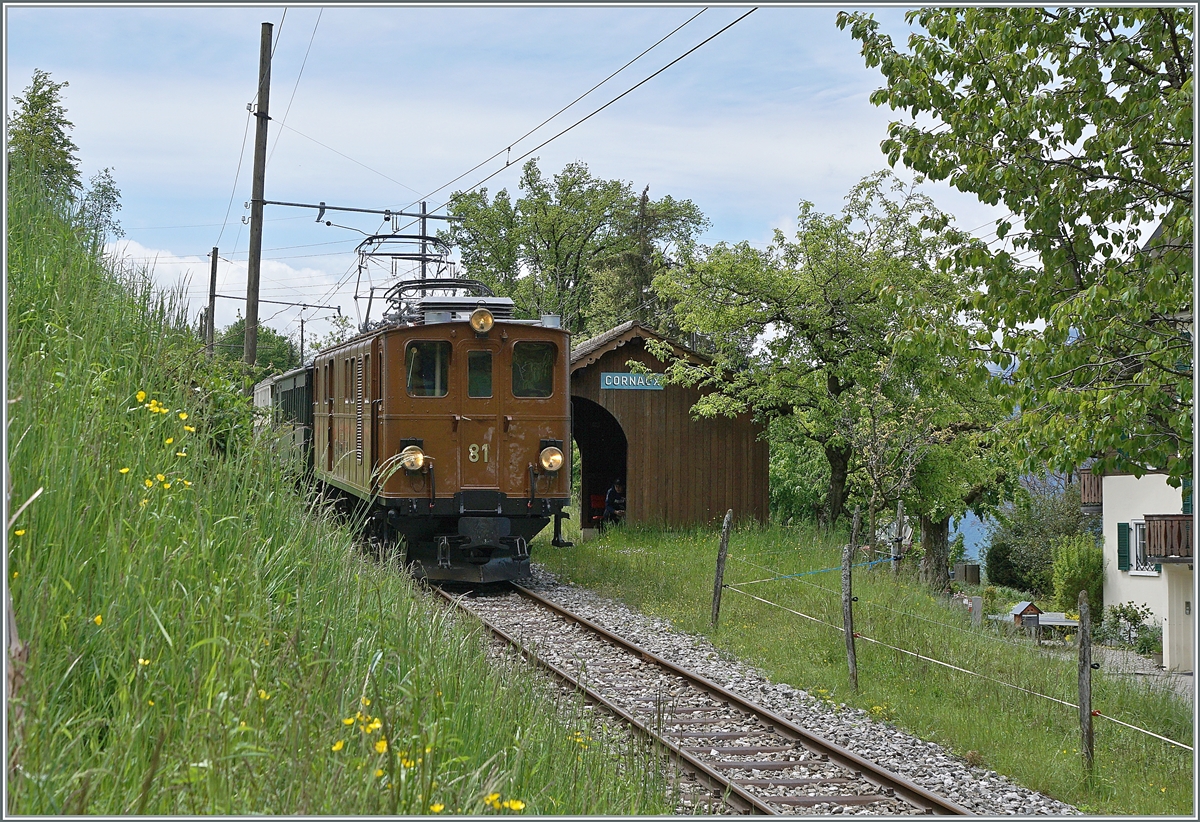 Nostalgie & Vapeur 2021 / Nostalgie & Dampf 2021 - so das Thema des diesjährigen Pfingstfestivals der Blonay Chamby Bahn, und von beidem gab es reichlich; ebenfalls in Cornaux zeigt sich die Bernina Bahn RhB Ge 4/4 81 mit ihrem Zug von Chaulin nach Blonay. 

22. Mai 2021